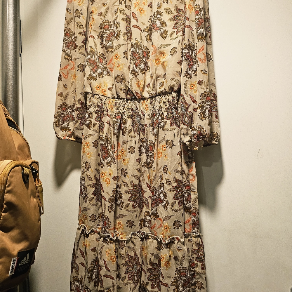 Floral Long Sleeve Tiered Dress in Beige